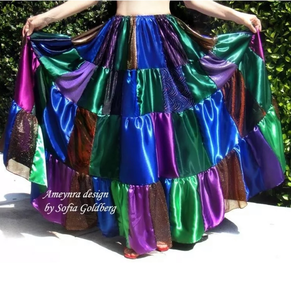 Peacock colors satin skirt patchwork boho size M